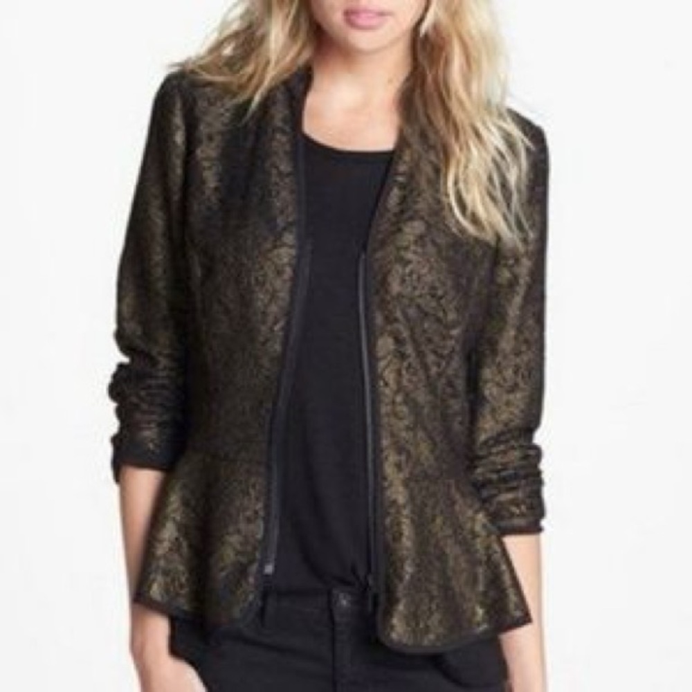 Hinge Metallic Lace Peplum Jacket XS Black Gold Zip Up Blazer